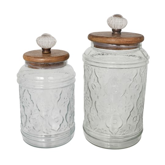 Clear Glass Floral Decorative Jar Set with Brown Wooden Lids &#x26; Antique Style Knobs